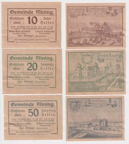 10, 20 und 50 Heller Banknoten Notgeld Gemeinde Mining 1920 (168411)