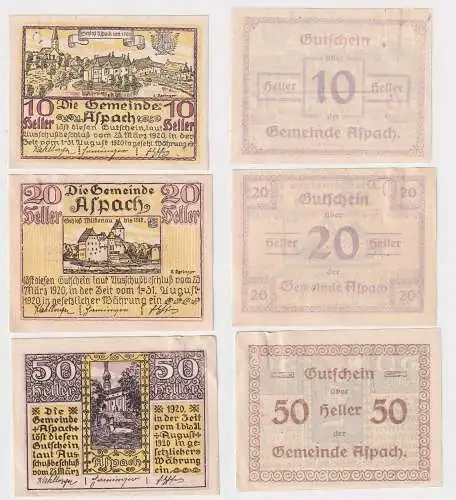 10, 20 und 50 Heller Banknoten Notgeld Gemeinde Aspach 1920 (168424)