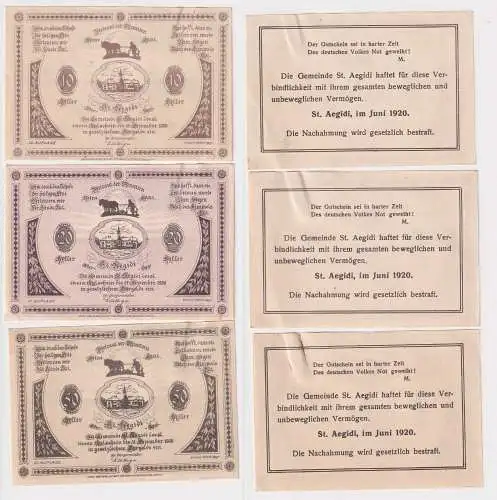 10, 20 und 50 Heller Banknoten Notgeld Gemeinde St.Aegidi 1920 (168453)