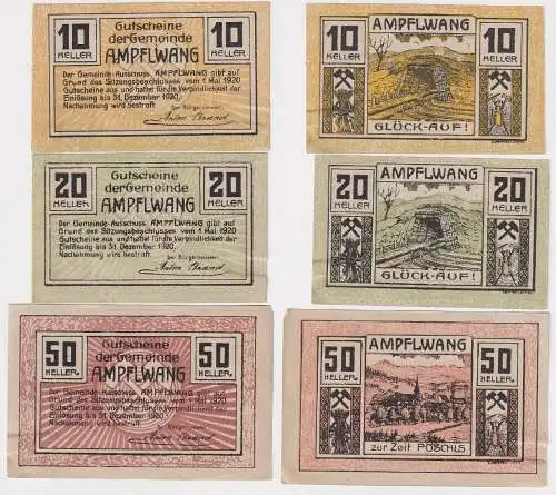 10, 20 und 50 Heller Banknoten Notgeld Gemeinde Ampflwang 1920 (168469)