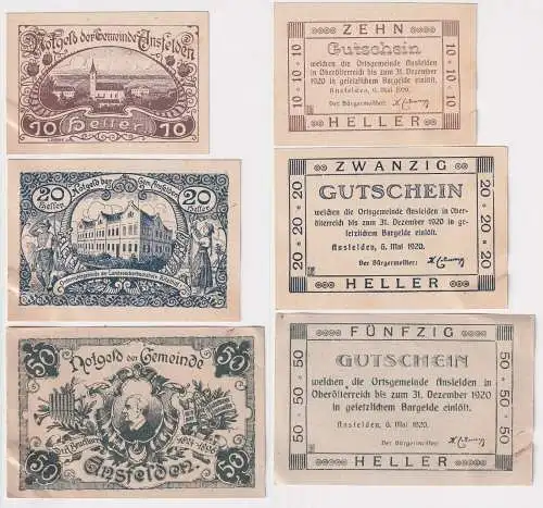 10, 20 und 50 Heller Banknoten Notgeld Gemeinde Ansfelden 1920 (168468)