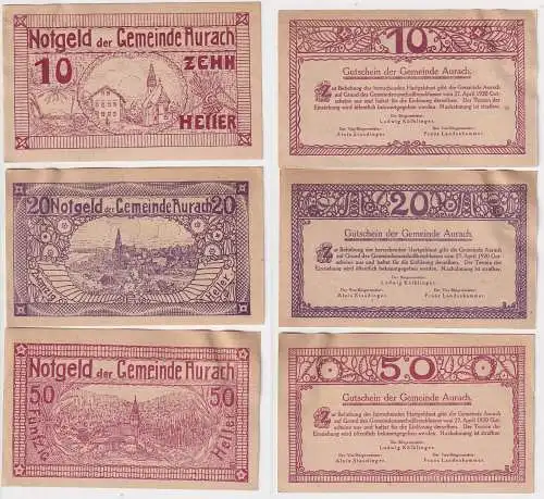 10, 20 und 50 Heller Banknoten Notgeld Gemeinde Aurach 1920 (168538)