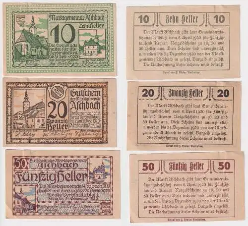 10, 20 und 50 Heller Banknoten Notgeld Marktgemeinde Aschbach 1920 (168471)