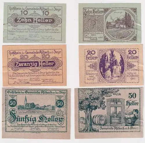 10, 20 und 50 Heller Banknoten Notgeld Gemeinde Aschach a.d. Steyr 1920 (168497)