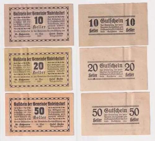 10, 20 und 50 Heller Banknoten Notgeld Gemeinde Andrichsfurt 1920 (168447)