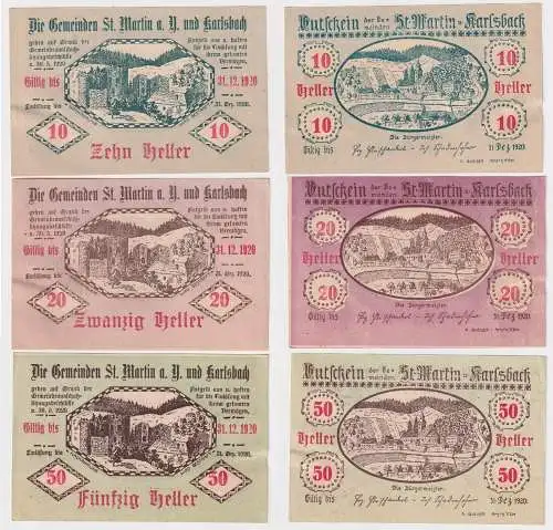 10, 20 und 50 Heller Banknoten Notgeld St.Martin und Karlsbach 1920 (168553)