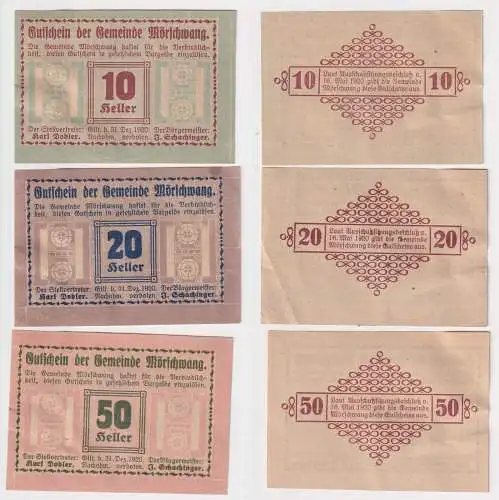 10, 20 und 50 Heller Banknoten Notgeld Gemeinde Mörschwang 1920 (168408)