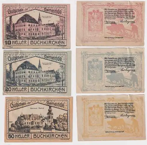 10, 20 und 50 Heller Banknoten Notgeld Gemeinde Buchkirchen 1920 (168679)