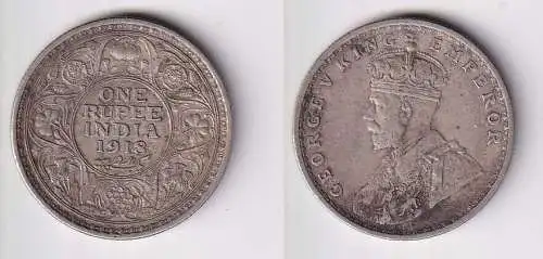 1 Rupie Silber Münze britisch Indien 1918 George V. ss (165714)