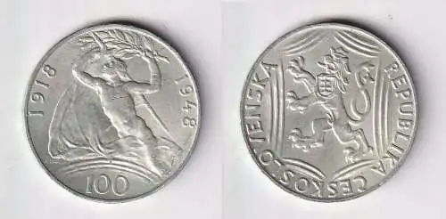 100 Kronen Silber Münze Tschechoslowakei 1948 ss+ (161957)