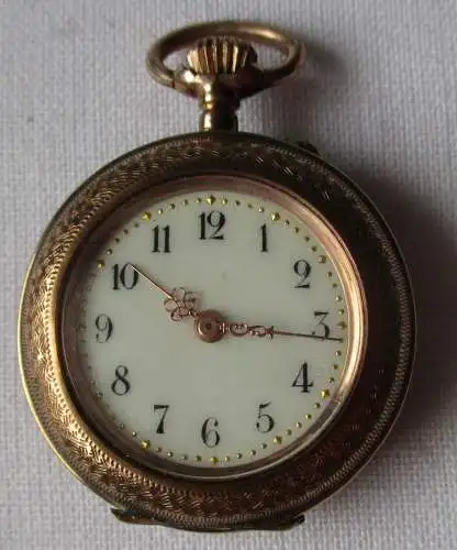 elegante Jugendstil Damen Taschenuhr Gold mit Emaille um 1910 (154044)