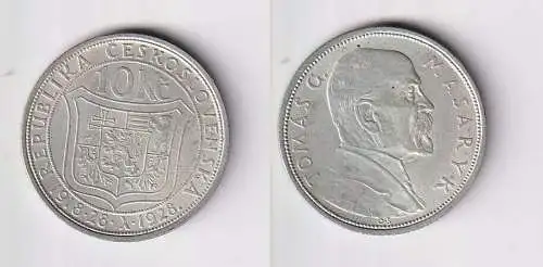 10 Kronen Silber Münze Tschechoslowakei Masaryk 1928 ss+ (160339)