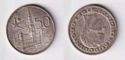 50 Franc Silber Münze Belgien 1958 Rathaus Brüssel f.vz (167572)