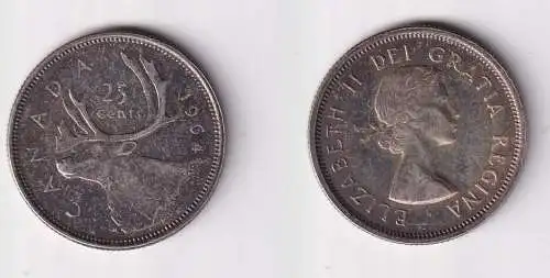 25 Cents Silber Münze Kanada Canada Hirsch 1964 vz/Stgl. (165888)