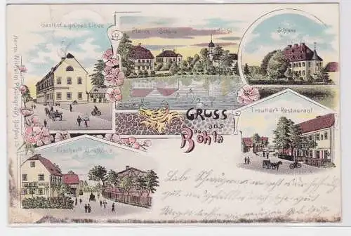 69813 Ak Lithographie Gruß aus Böhla Gasthäuser, Schloß, Pfarre, Schule, Kirche