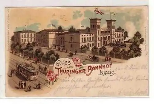 20/19 Ak Litho Gruß vom Thüringer Bahnhof Leipzig 1900