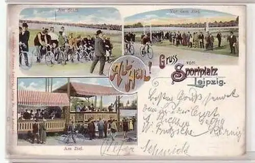 15/9 Ak Lithographie Gruß vom Sportplatz Leipzig 1902