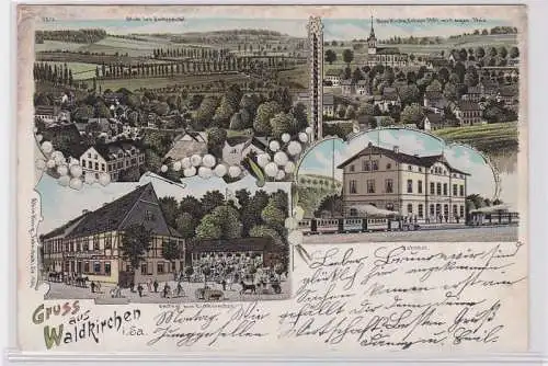 91685 Ak Lithographie Gruß aus Waldkirchen in Sa. Bahnhof, Kirche, Gasthof 1905