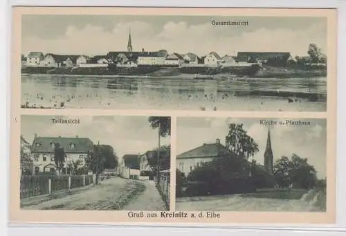 89431 Mehrbild Ak Gruß aus Kreinitz an der Elbe Kirche, Pfarrhaus usw. um 1930