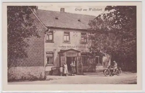 98746 Ak Gruß aus Wollsdorf Gasthaus mit Motorrad davor um 1930