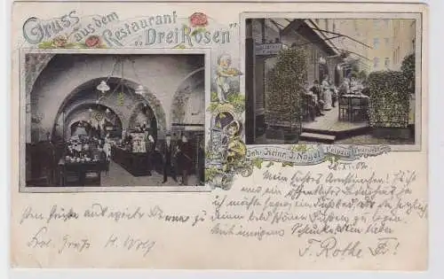 88485 Mehrbild Ak Gruß aus dem Restaurant 'Drei Rosen' Leipzig Petersstraße 27