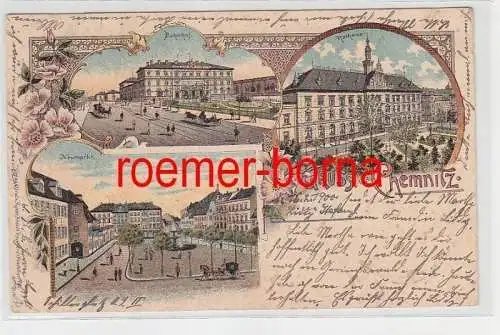 74626 Ak Lithografie Gruss aus Chemnitz Bahnhof, Rathaus, Neumarkt 1900