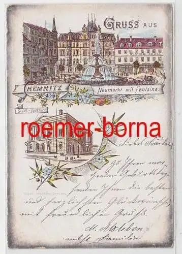 74799 Ak Lithografie Gruss aus Chemnitz Neumarkt mit Fontaine, Stadttheater 1893