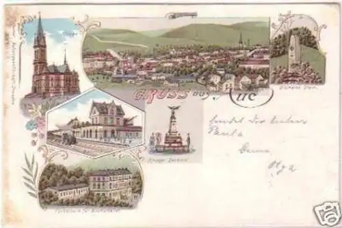 23312 Lithografie Gruss aus Aue Bahnhof usw. 1898