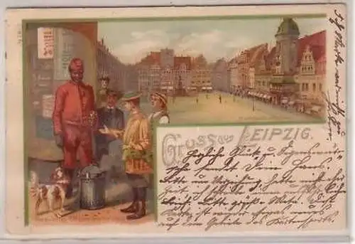 24/4 Ak Lithografie Leipzig Marktplatz m. Rathaus 1898