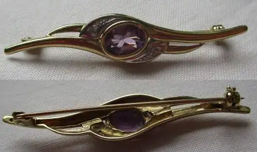 elegante 333er Gold Damen Brosche mit Amethyst und 2 kleinen Diamanten (153224)