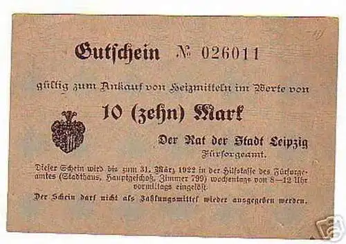 rarer Gutschein für Heizmittel 10 Mark Leipzig 1923