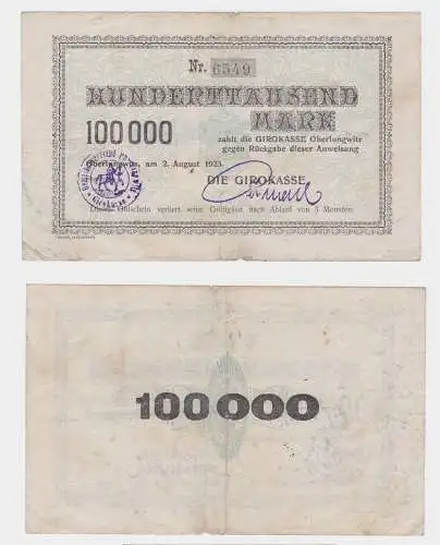 100000 Mark Banknote Girokasse Oberlungwitz 2. August 1923 (119561)