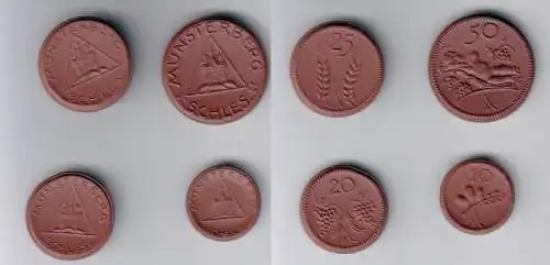 Satz mit 4 Porzellan Münzen 10,20,25, 50 Pfennig Münsterberg in Schlesien o.J.