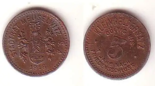 5 Pfennig Eisen Not Münze Stadtrat Meuselwitz 1917