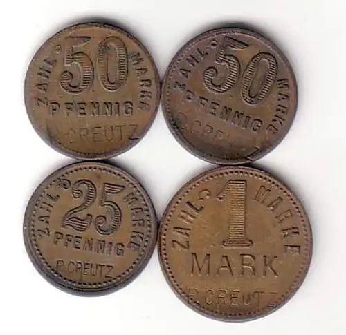 4 x Messing Zahlmarken 25, 2 x 50 Pfennig und 1 Mark P. Creutz um 1920