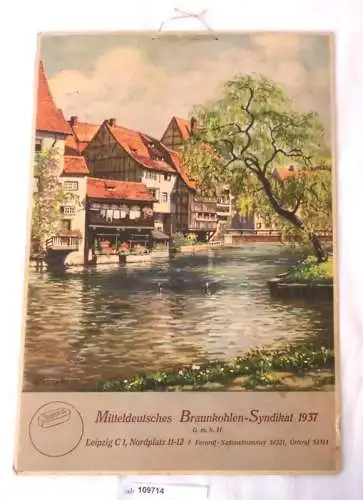 große Kalenderrückwand mit Werbung Sonne-Briketts Braunkohlen-Syndikat 1937