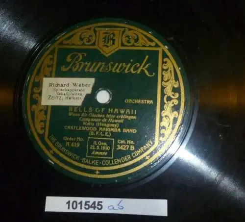 101545 Schellackplatte Brunswick "Bells of Hawaii" + "My Sweetheart" 1928