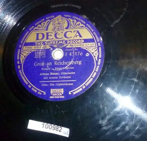 100982 Schellackplatte Decca "Gruß an Reichenberg" "Die Gipfeldtürmer" um 1930