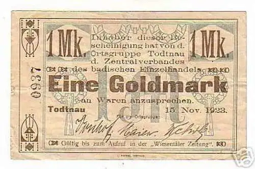 seltene Banknote 1 Goldmark Todtnau 1923