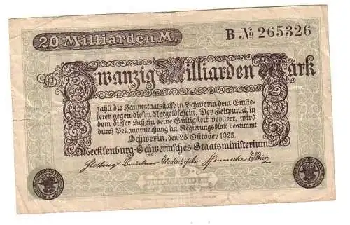 20 Milliarden Mark Inflations Banknote Mecklenburg Schwerin 23. Oktober 1923