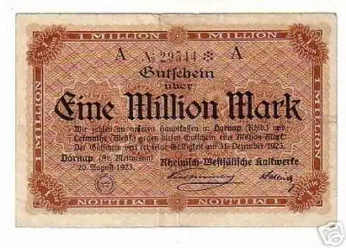 seltene Banknote Inflation Rheinisch Westf. Kalkwerke