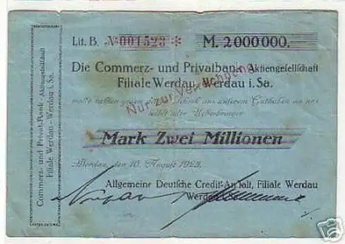 seltene Banknote Inflation 2 Millionen Mark 1923 Werdau