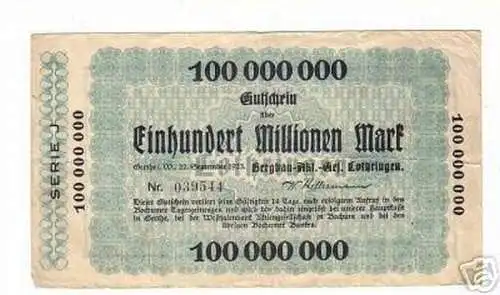 Banknote Inflation Gerthe i.W. 100 Millionen Mark