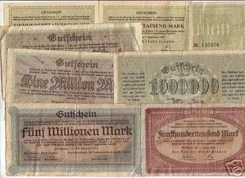 8 interessante Banknoten Inflation Stadt Plauen 1923