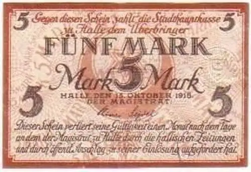 5 Mark Notgeld Stadthauptkasse Halle 1918