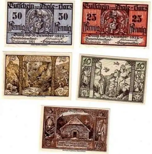 5 Banknoten Notgeld Stadt Thale Harz 1921