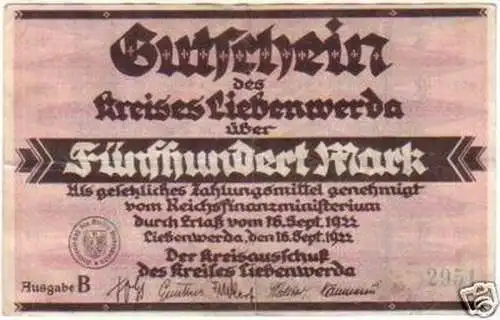 500 Mark Banknote Inflation Kreis Liebenwerda 16.9.1922