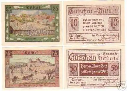 4 Banknoten Notgeld der Gemeinde Ditfurt 1921