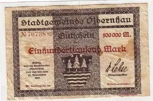 Banknote 100000 Mark Inflation Olbernhau 15.11.1923