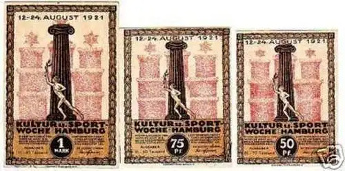 3 Banknoten Notgeld Hamburger Kultur- & Sportwoche 1921